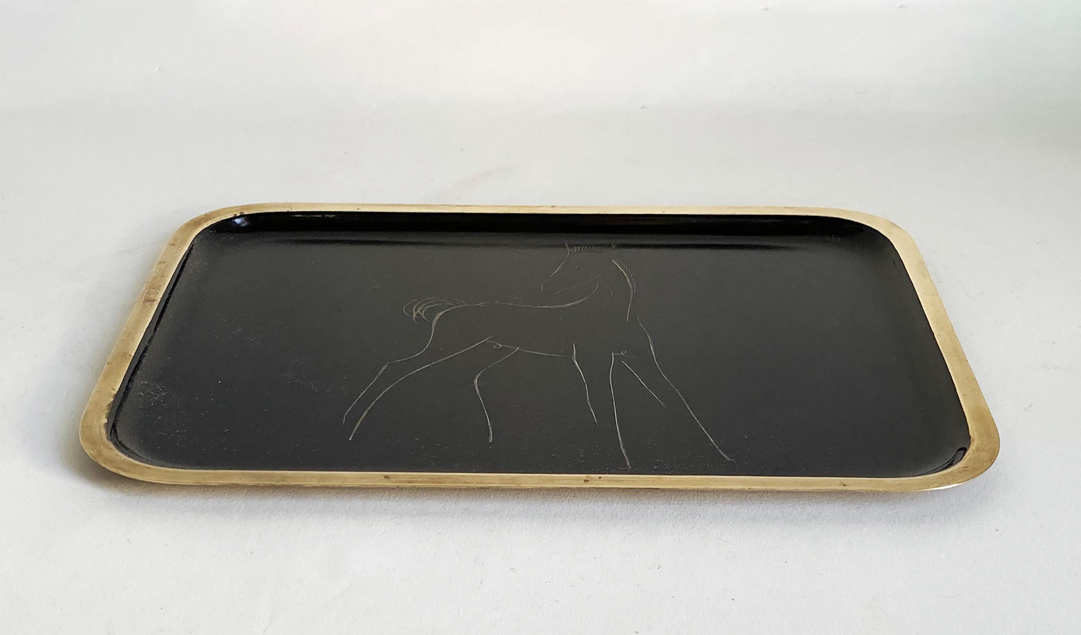 Mid-Century Modern Hagenauer Austrian Brass & Black Enamel Horse Equestrian Vide Poche or Tray For Sale