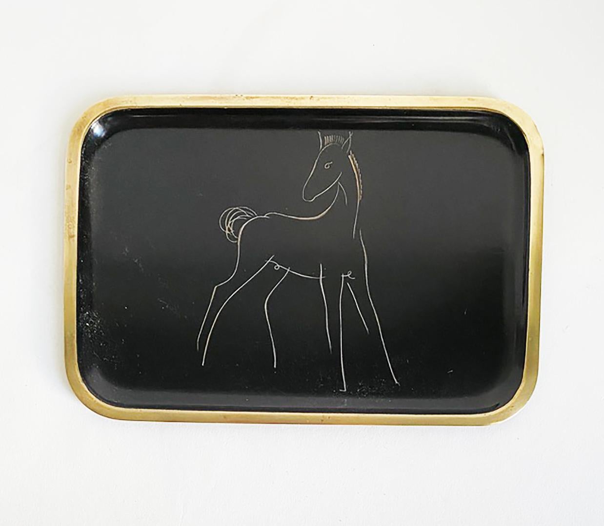Hagenauer Austrian Brass & Black Enamel Horse Equestrian Vide Poche or Tray For Sale 3