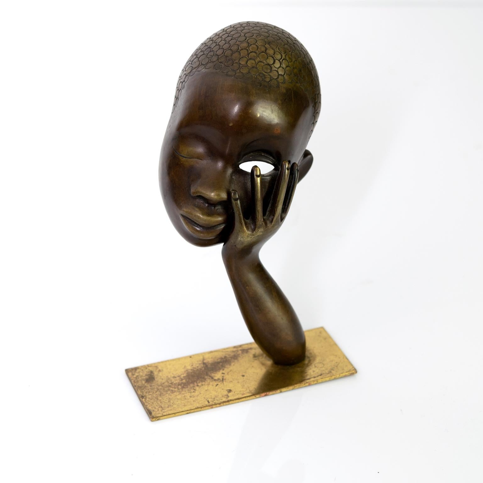 Patinated Hagenauer Bronze Sculpture of a Female Face with Arm and Hand Vienna, Austria For Sale