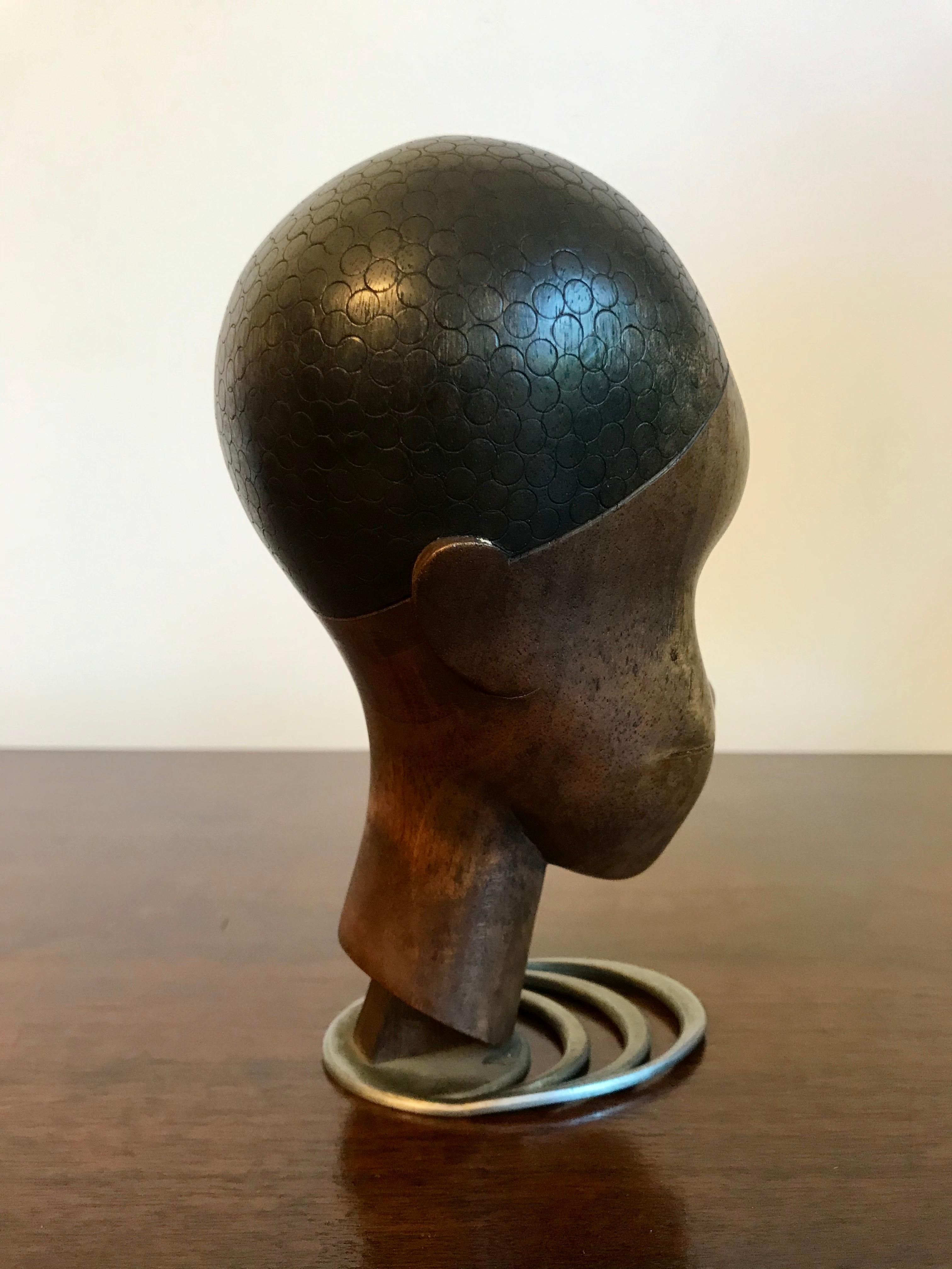 Metal Hagenauer Carved Wood African Head Sculpture, 20th Century
