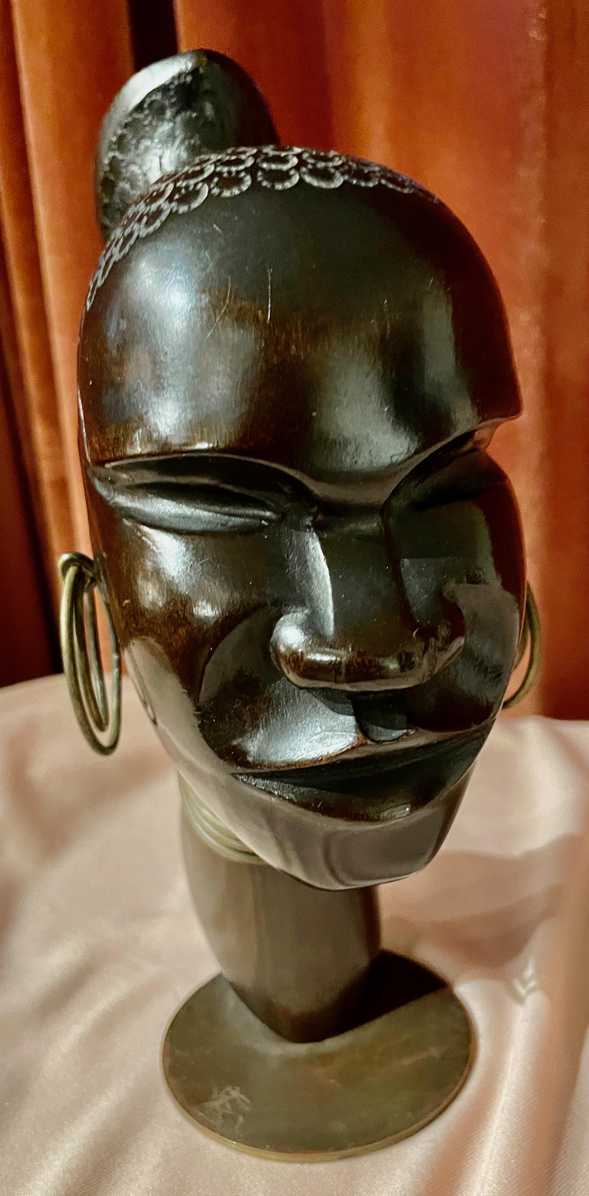 Austrian Hagenauer Carved Wood with Bronze Base Sculpture Head of African Woman, 1930 For Sale