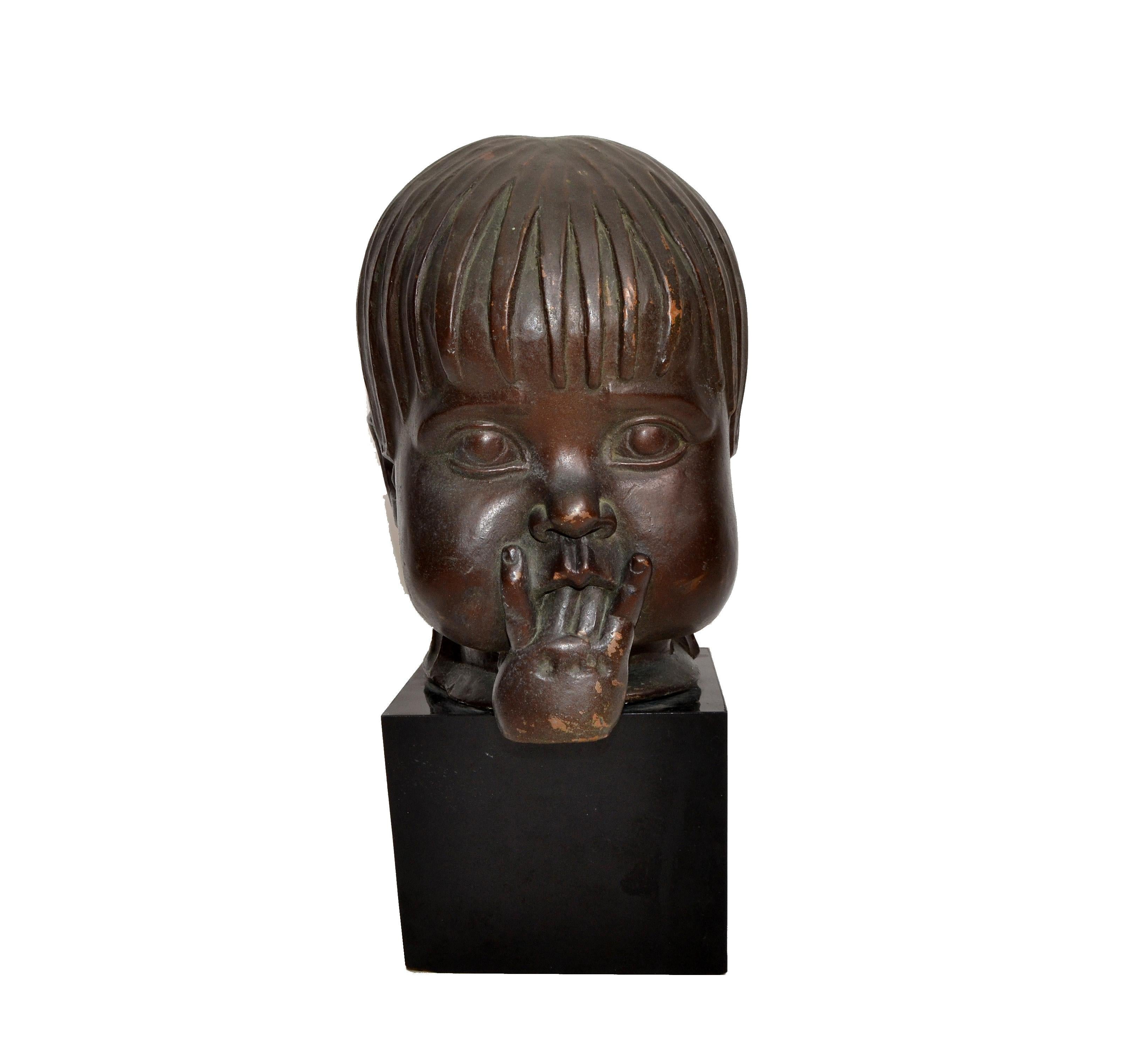 Hagenauer Manner Patina Bronze & Wood Bust, Child Head Sculpture Sucking Fingers For Sale 2