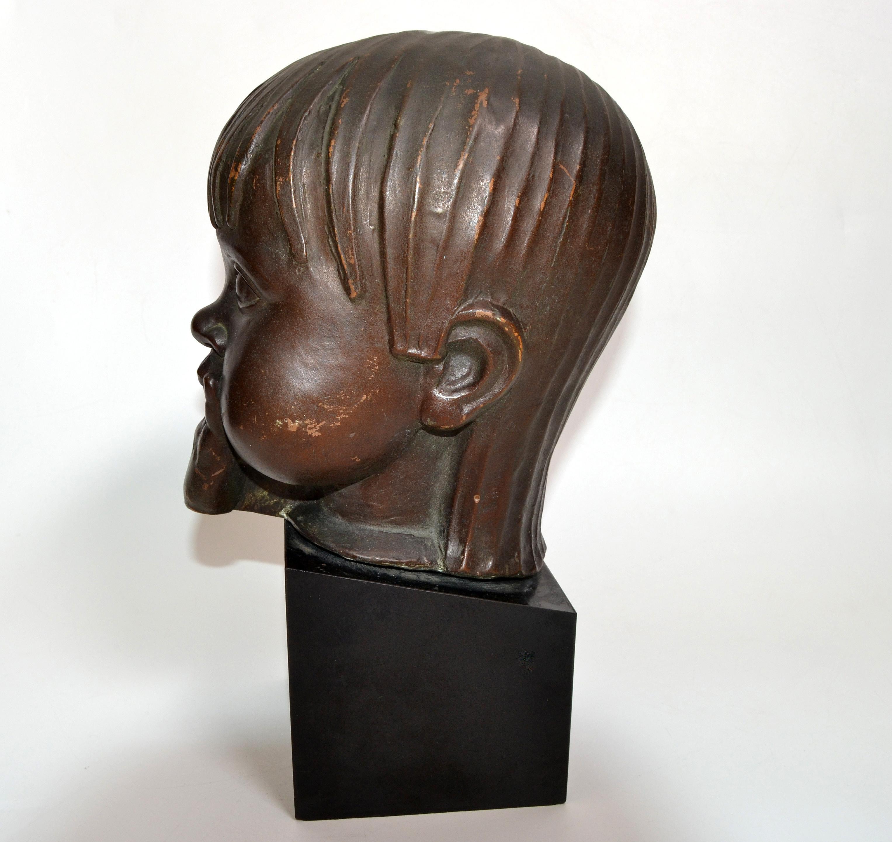 Art Deco Hagenauer Manner Patina Bronze & Wood Bust, Child Head Sculpture Sucking Fingers For Sale