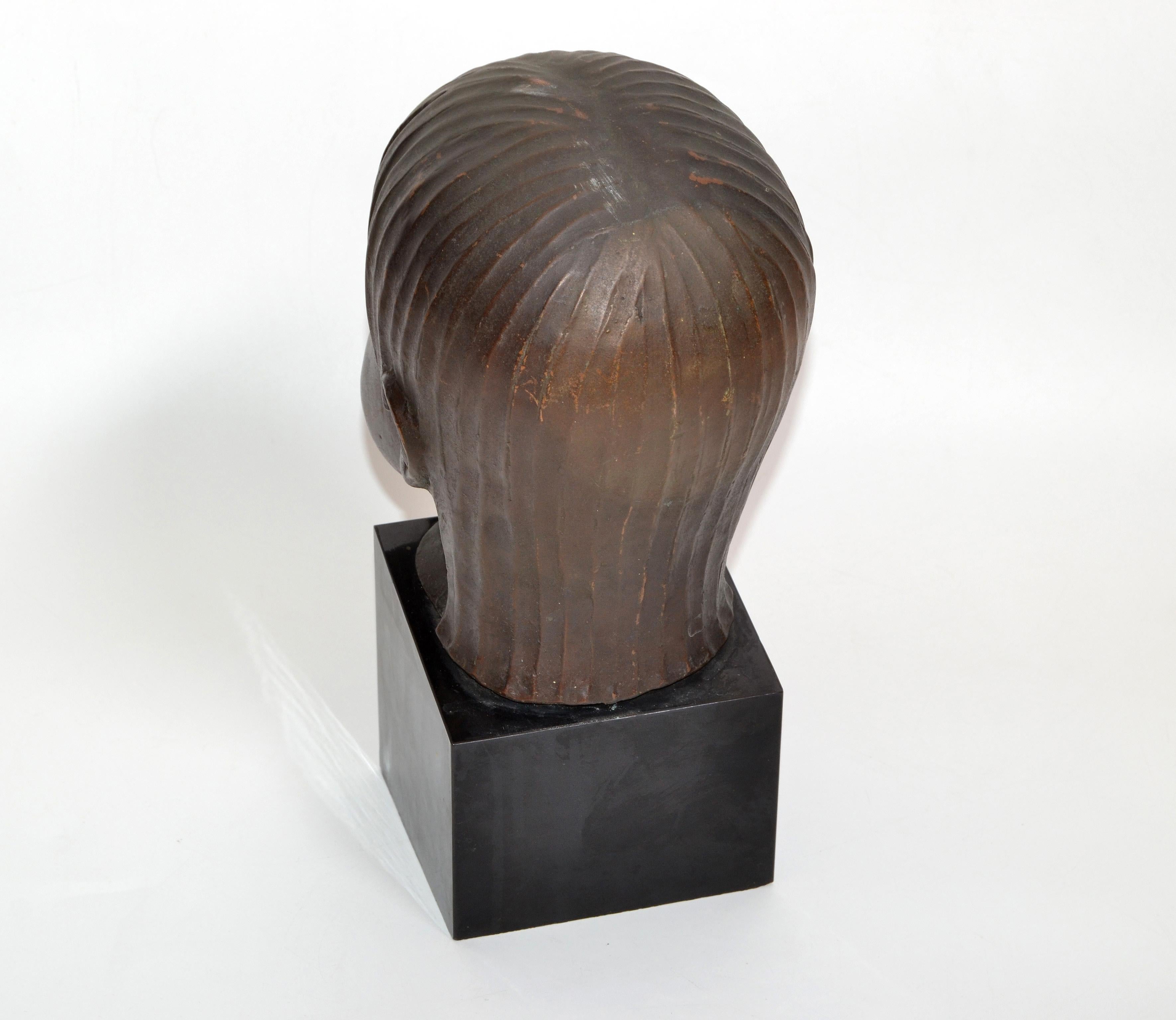 American Hagenauer Manner Patina Bronze & Wood Bust, Child Head Sculpture Sucking Fingers For Sale