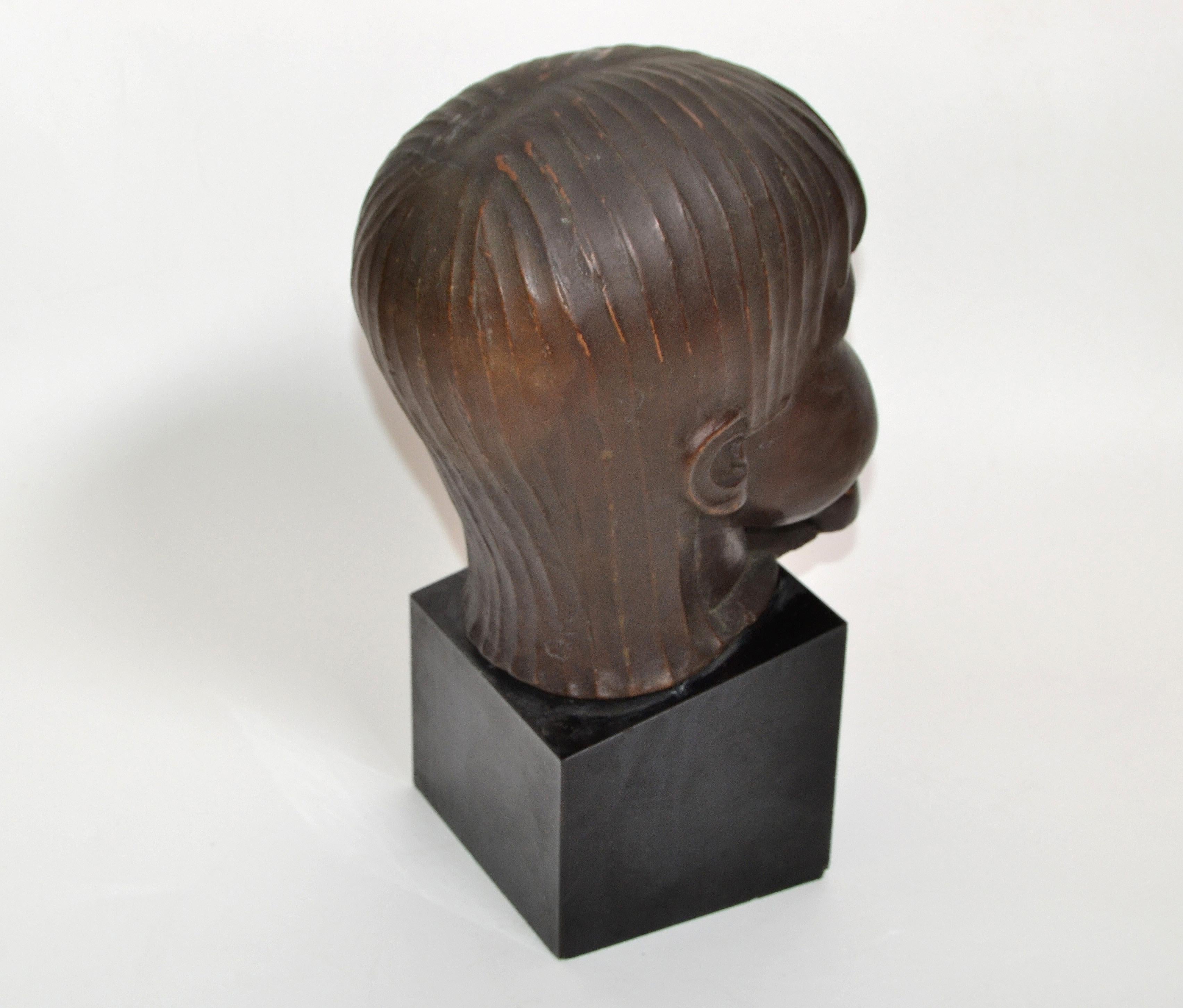 Lacquered Hagenauer Manner Patina Bronze & Wood Bust, Child Head Sculpture Sucking Fingers For Sale