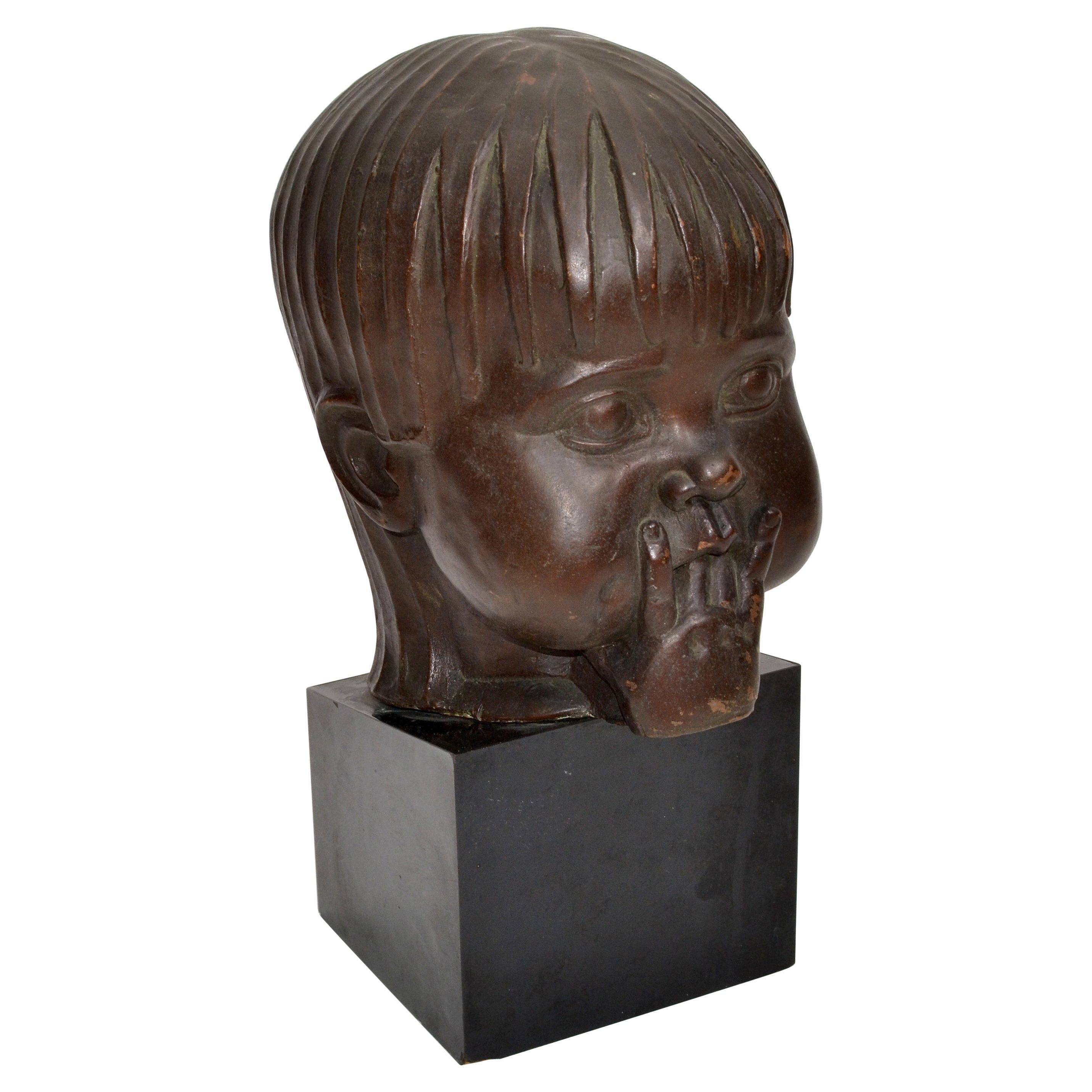 Hagenauer Manner Patina Bronze & Wood Bust, Child Head Sculpture Sucking Fingers For Sale