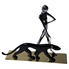 Antique Hagenauer Sculpture "Woman Walking Panther, " Vienna 1930s Art Deco
