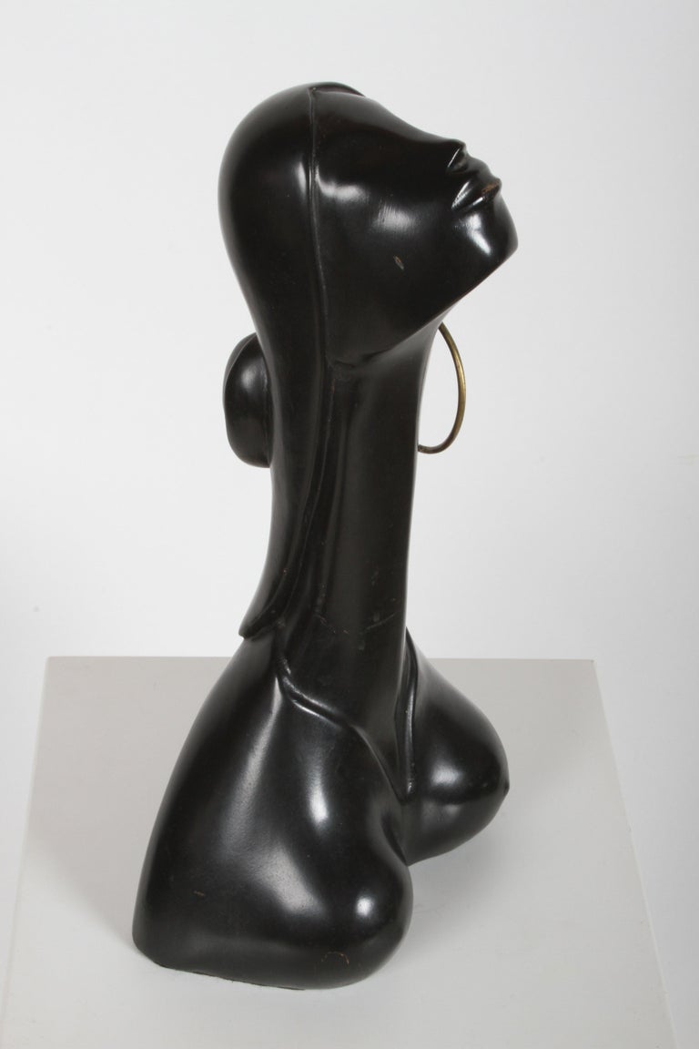 Ebonized Hagenauer Style Nude Black African Female Bust with Brass Earring For Sale
