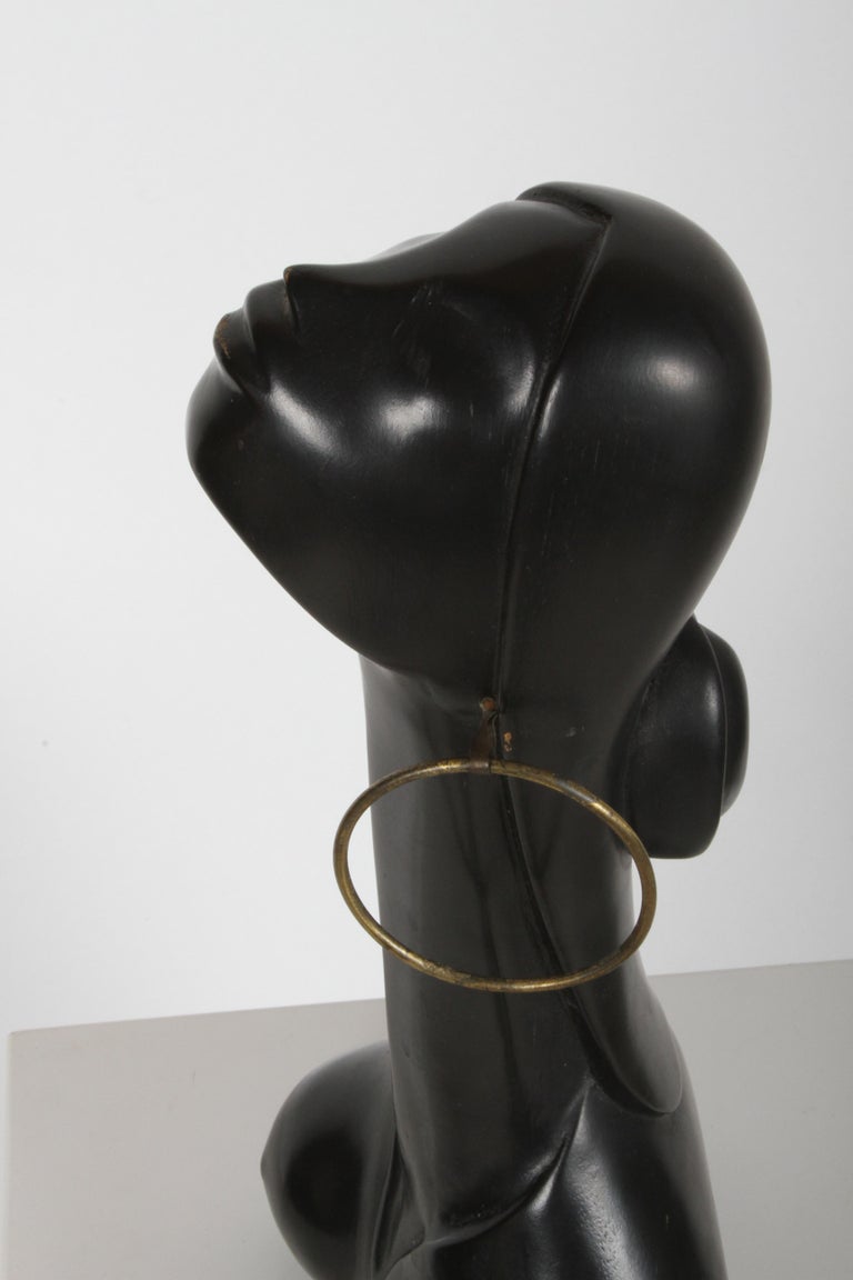Hagenauer Style Nude Black African Female Bust with Brass Earring In Good Condition For Sale In St. Louis, MO