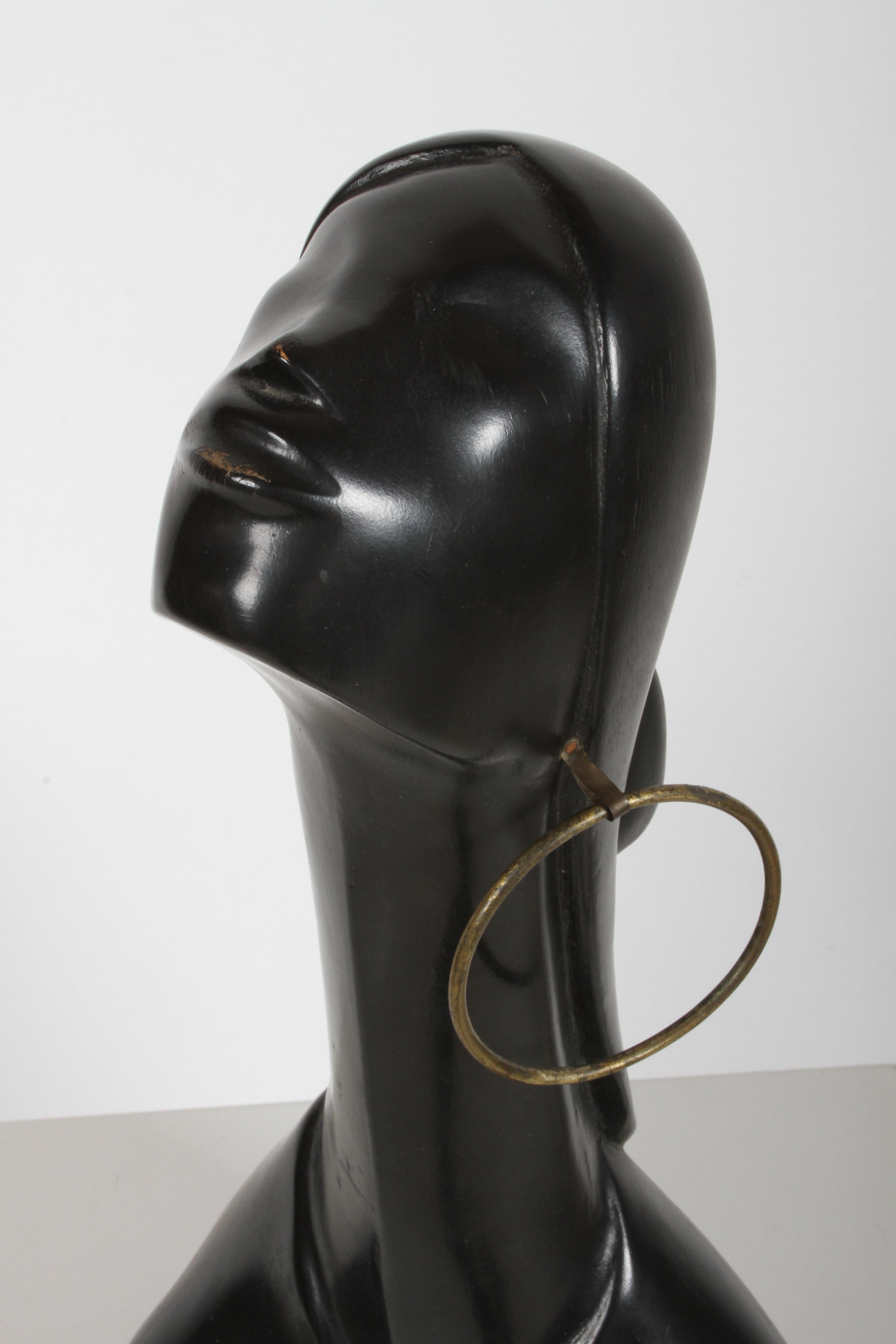 Unknown Hagenauer Style Nude Black African Female Bust with Brass Earring