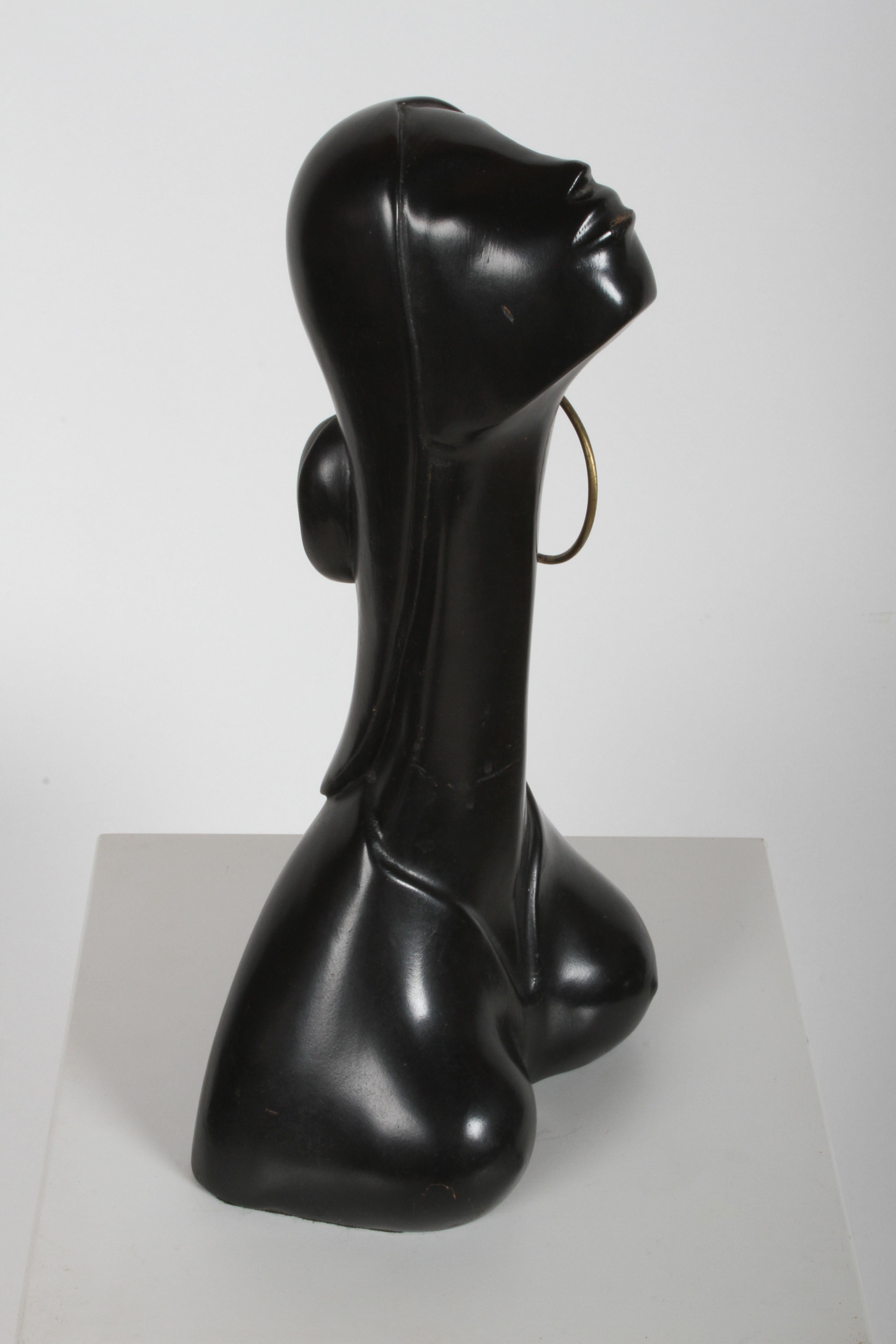 Hagenauer Style Nude Black African Female Bust with Brass Earring In Good Condition In St. Louis, MO