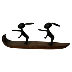 Antique Hagenauer Wien rare sculpture bronze and wood  HWH , Indians in a canoe, Marked