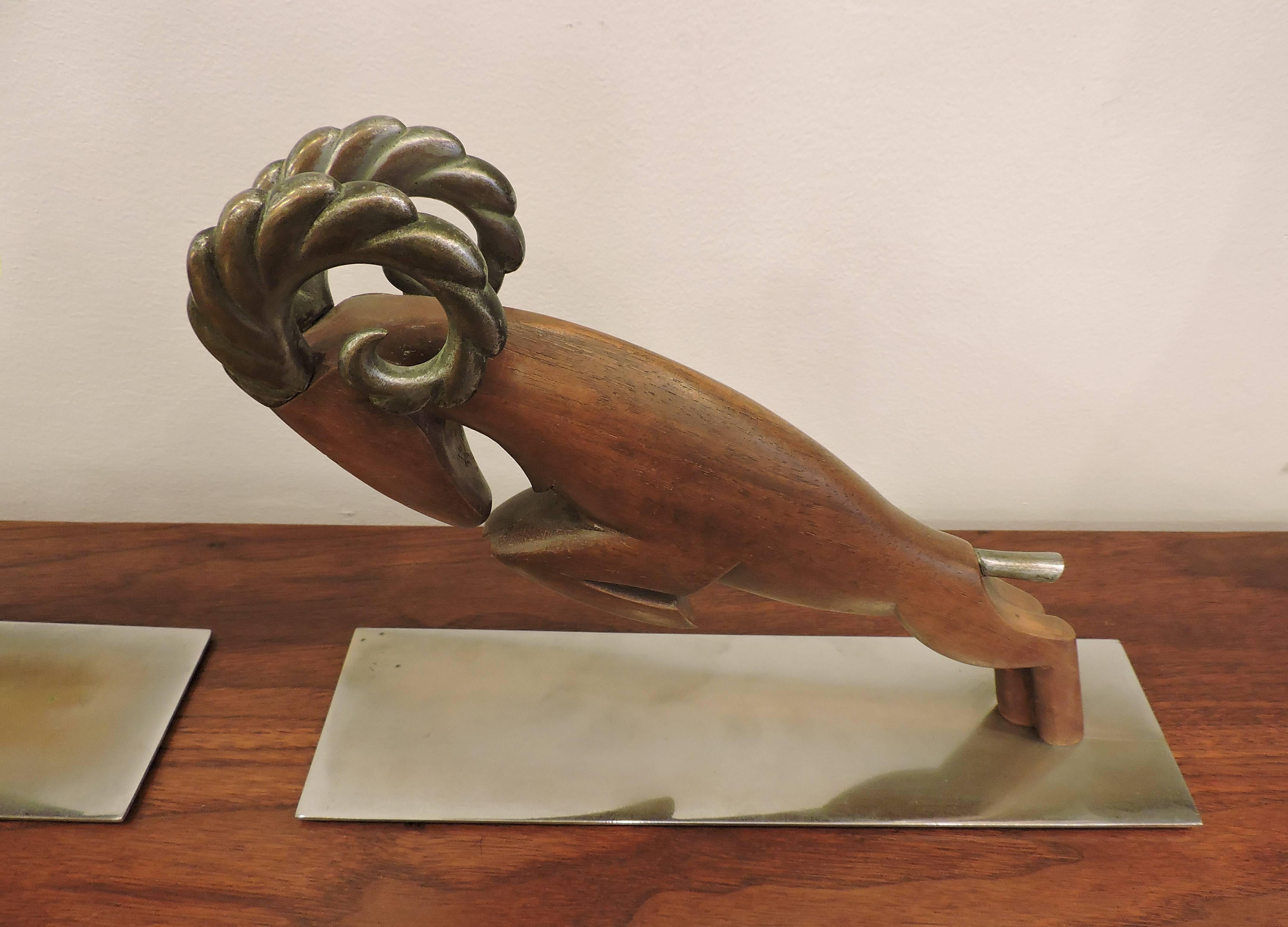 Hagenaurer Art Deco Carved Wood Charging Ram Bookends In Good Condition For Sale In Chesterfield, NJ