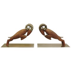 Hagenaurer Art Deco Carved Wood Charging Ram Bookends