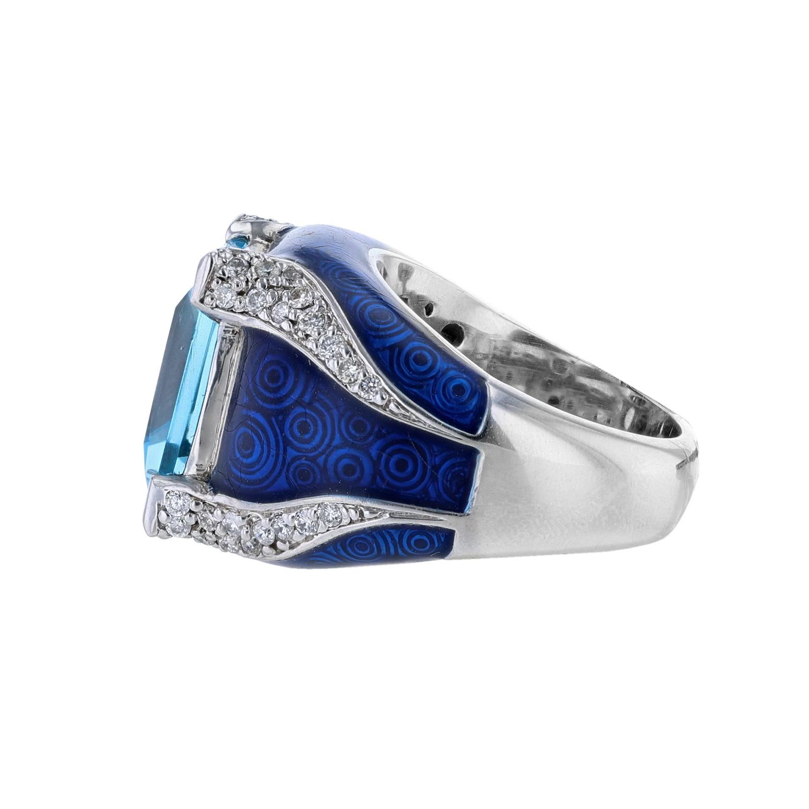 Princess Cut Haggai 14K White Gold Diamond Blue Topaz Enamel Ring For Sale