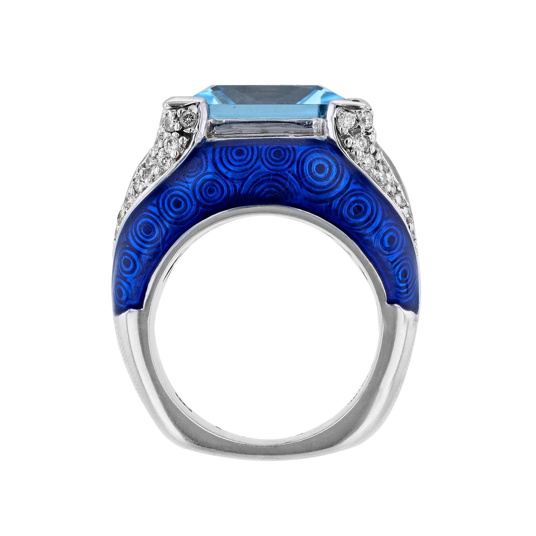 Haggai 14K White Gold Diamond Blue Topaz Enamel Ring In New Condition For Sale In Houston, TX