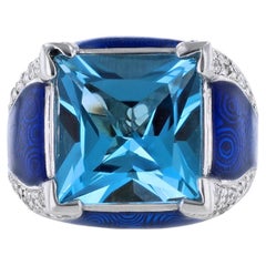 Vintage Haggai 14K White Gold Diamond Blue Topaz Enamel Ring