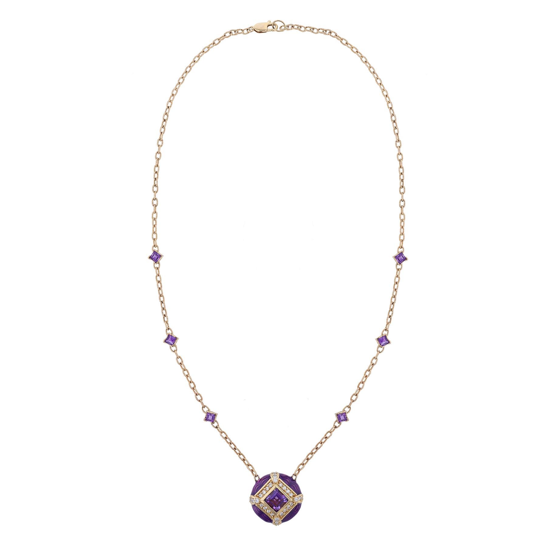 This pendant necklace is made in 14K yellow gold. It features a round enamel pendant with a center princess cut amethyst. Along with 6 amethyst on the chain. The amethyst total carat weight is 2.01 carats and the diamond total carat weight is 0.40