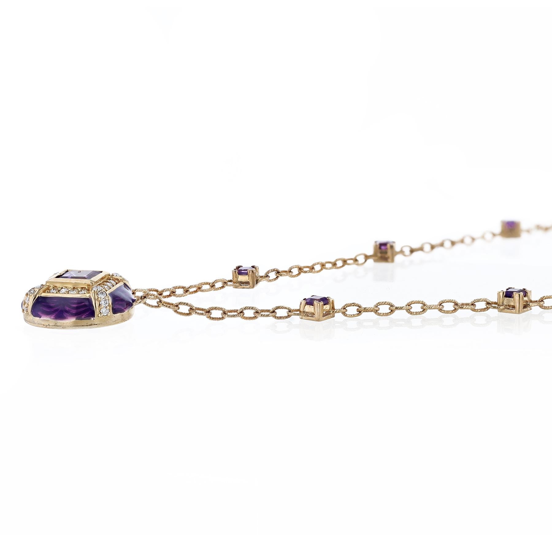 Princess Cut Haggai 14K Yellow Gold Diamond Amethyst Enamel Pendant Necklace For Sale