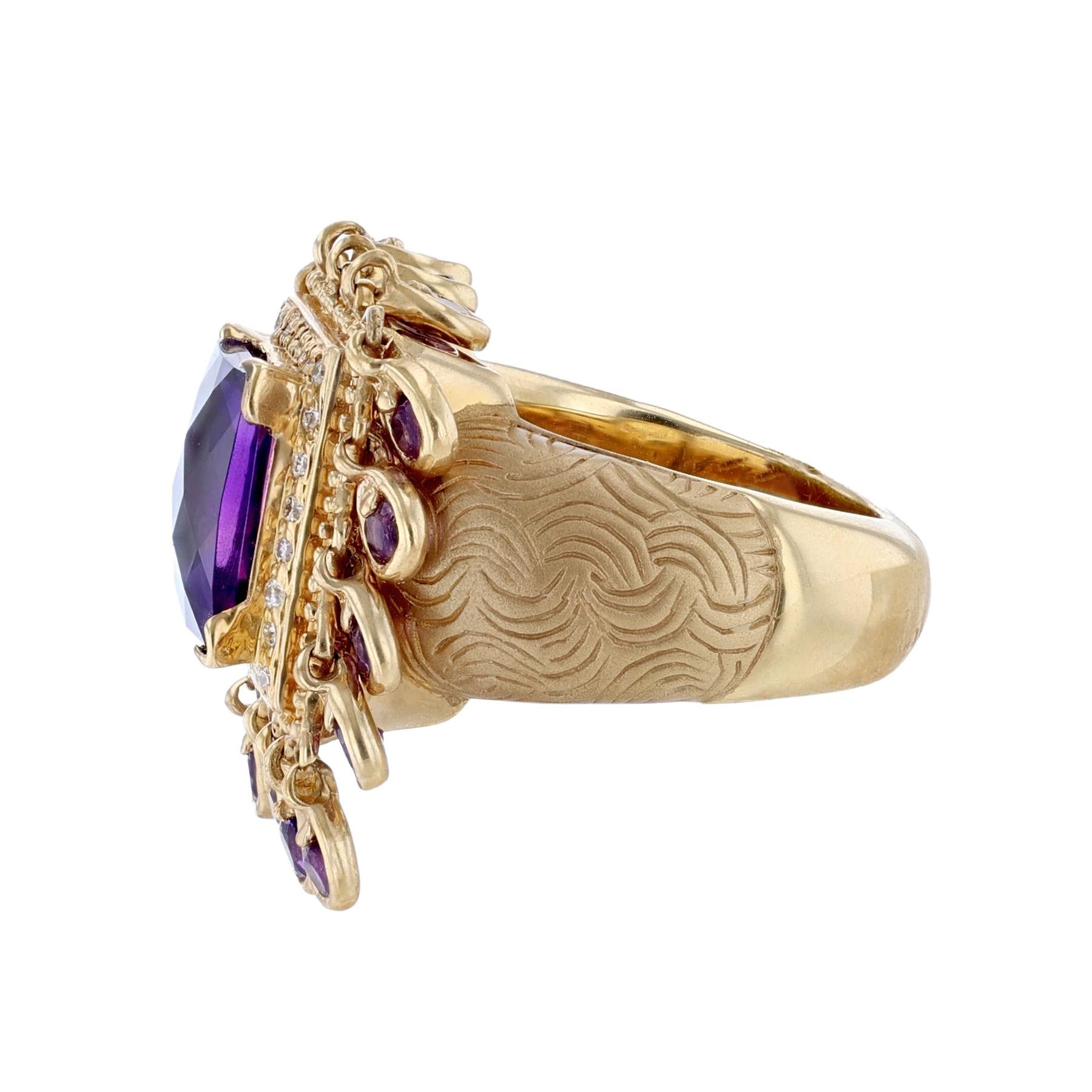 Princess Cut Haggai 14K Yellow Gold Diamond Amethyst Ring For Sale