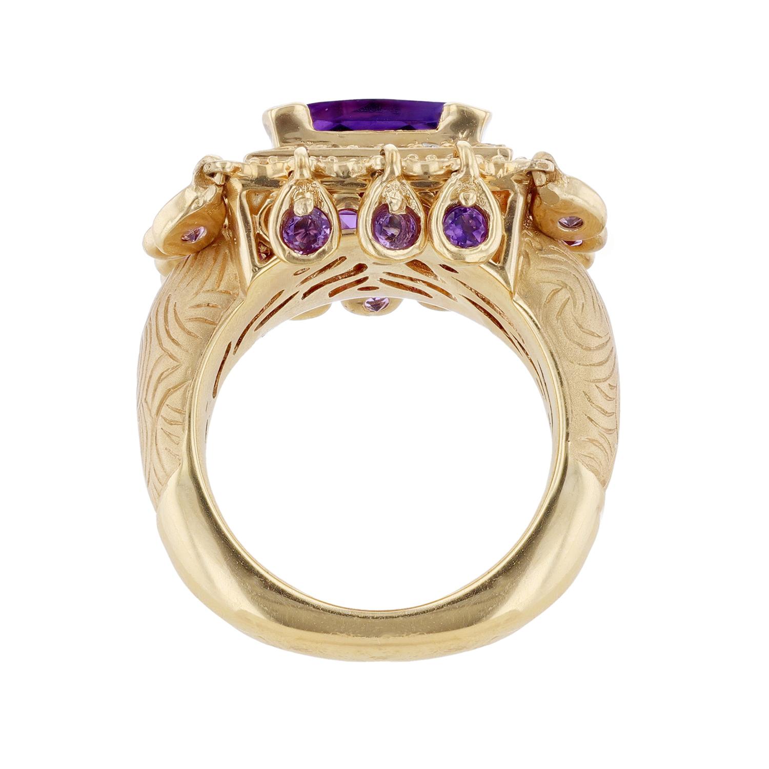 Haggai 14K Yellow Gold Diamond Amethyst Ring In New Condition For Sale In Houston, TX