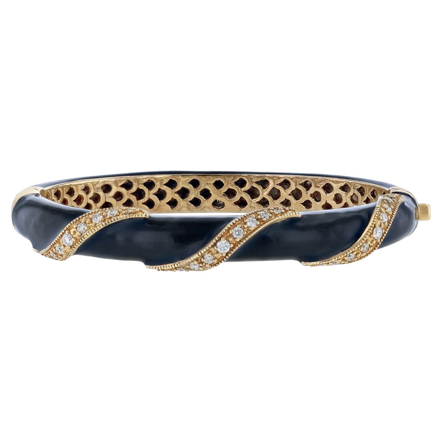 Haggai 14K Yellow Gold Diamond Black Enamel Bangle