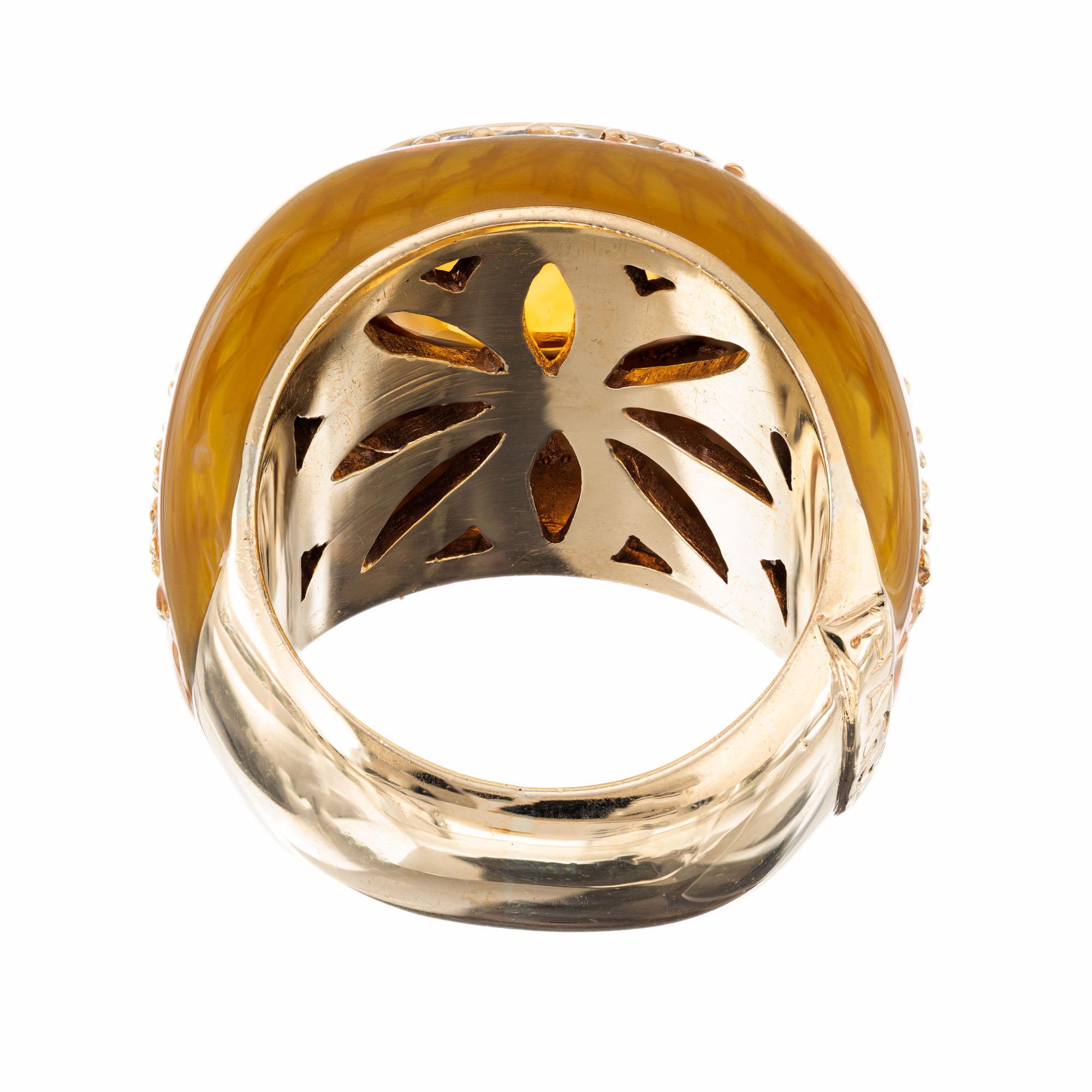 Cushion Cut Haggai 3.00 Citrine Diamond Enamel Gold Cocktail Ring For Sale