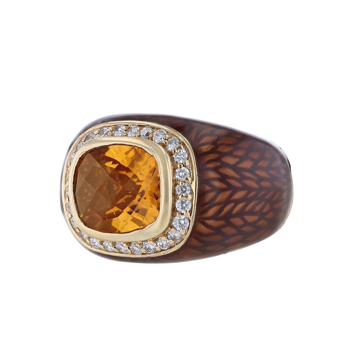 This ring is made in chocolate brown enamel and 14K yellow gold. With an oval cut 3.61 carat Citrine and 0.50 carat round cut diamonds.  


