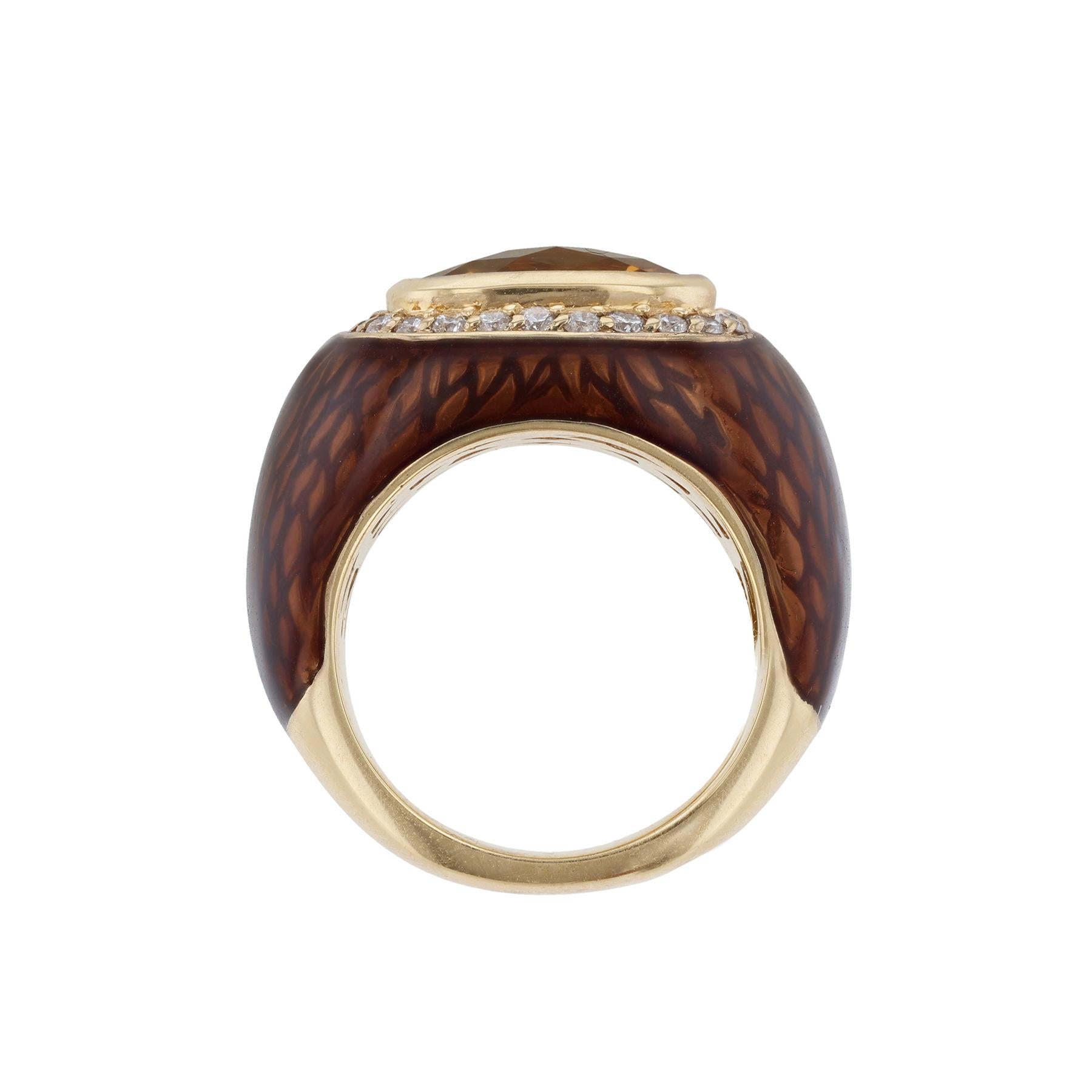 Oval Cut Haggai 3.61 Oval Citrine Diamond Chocolate Brown Enamel Cocktail Ring For Sale