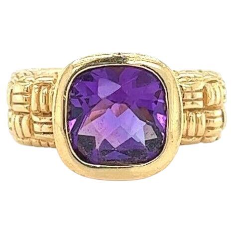 Haggai Vintage 14 Karat Gelbgold und quadratischer Amethyst-Knüpfring mit Kissenmuster