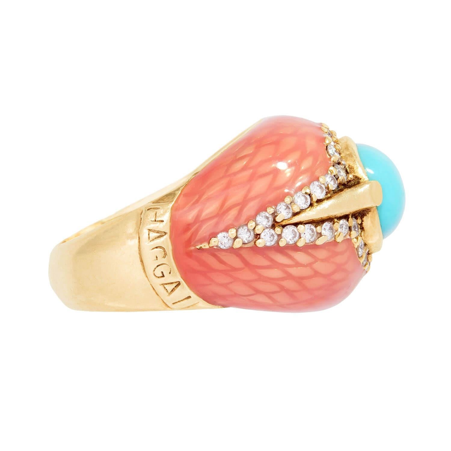 Rétro HAGGAI Anello vintage 14k con turchese, diamante e smalto in vendita