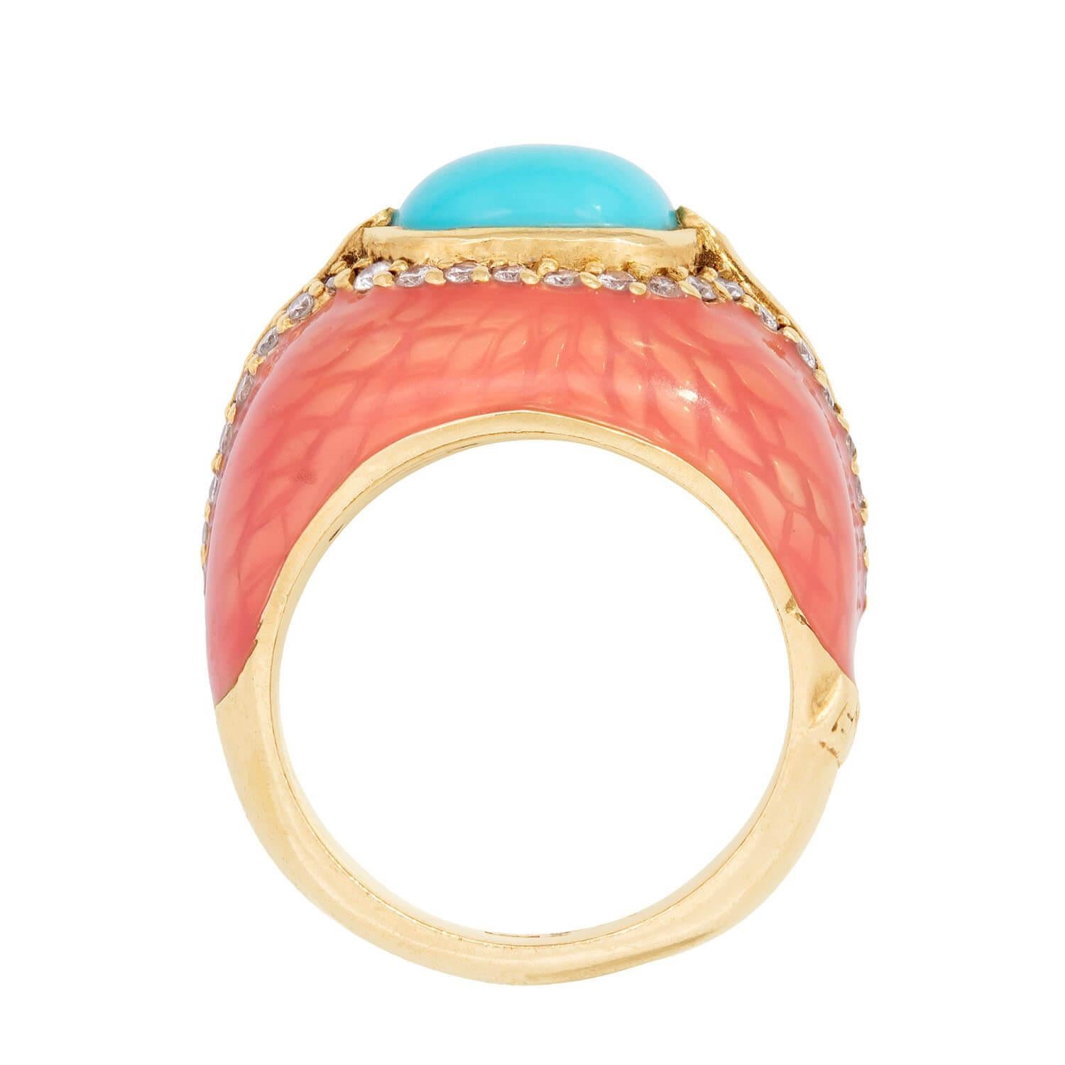 Cabochon HAGGAI Anello vintage 14k con turchese, diamante e smalto in vendita