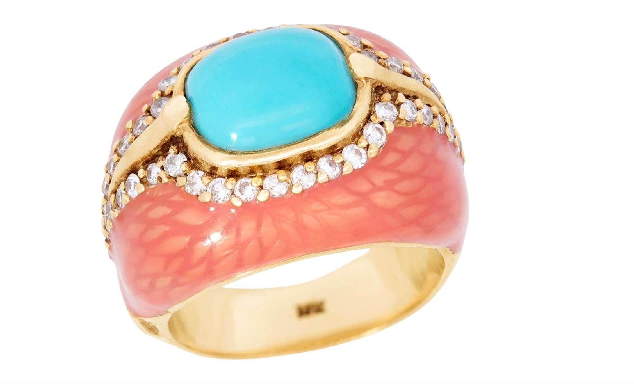 HAGGAI Bague vintage en turquoise, diamant et émail 14 carats en vente 2