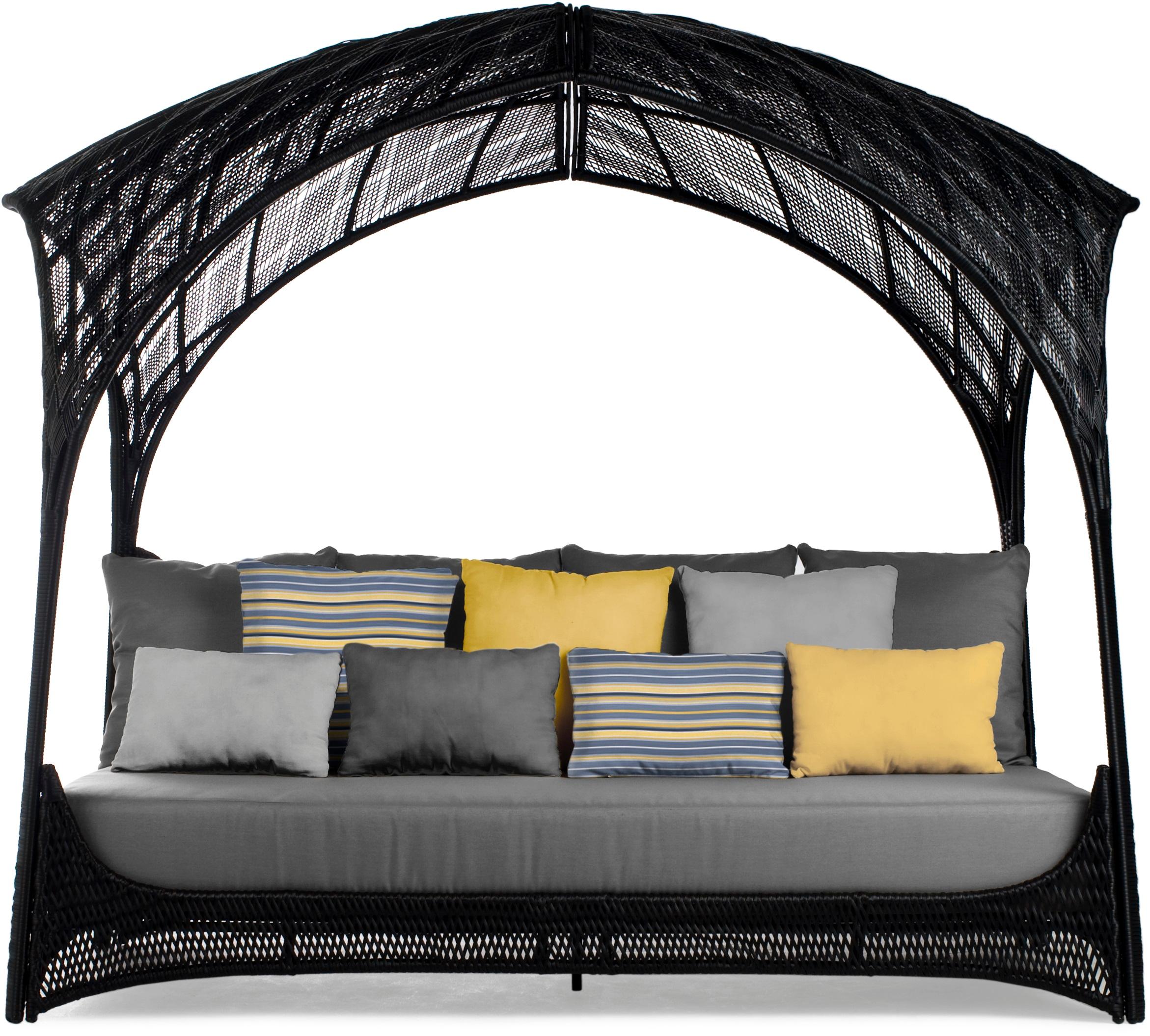 Hagia daybed by Kenneth Cobonpue
Materials: Polyethelene, Nylon. Steel.
Also available in other colors.
Dimensions: 130 cm x 230 cm x H 192cm 

Bask in Hagia’s regal luxury and romantic gothic aesthetic. Beneath an intricately handwoven vaulted