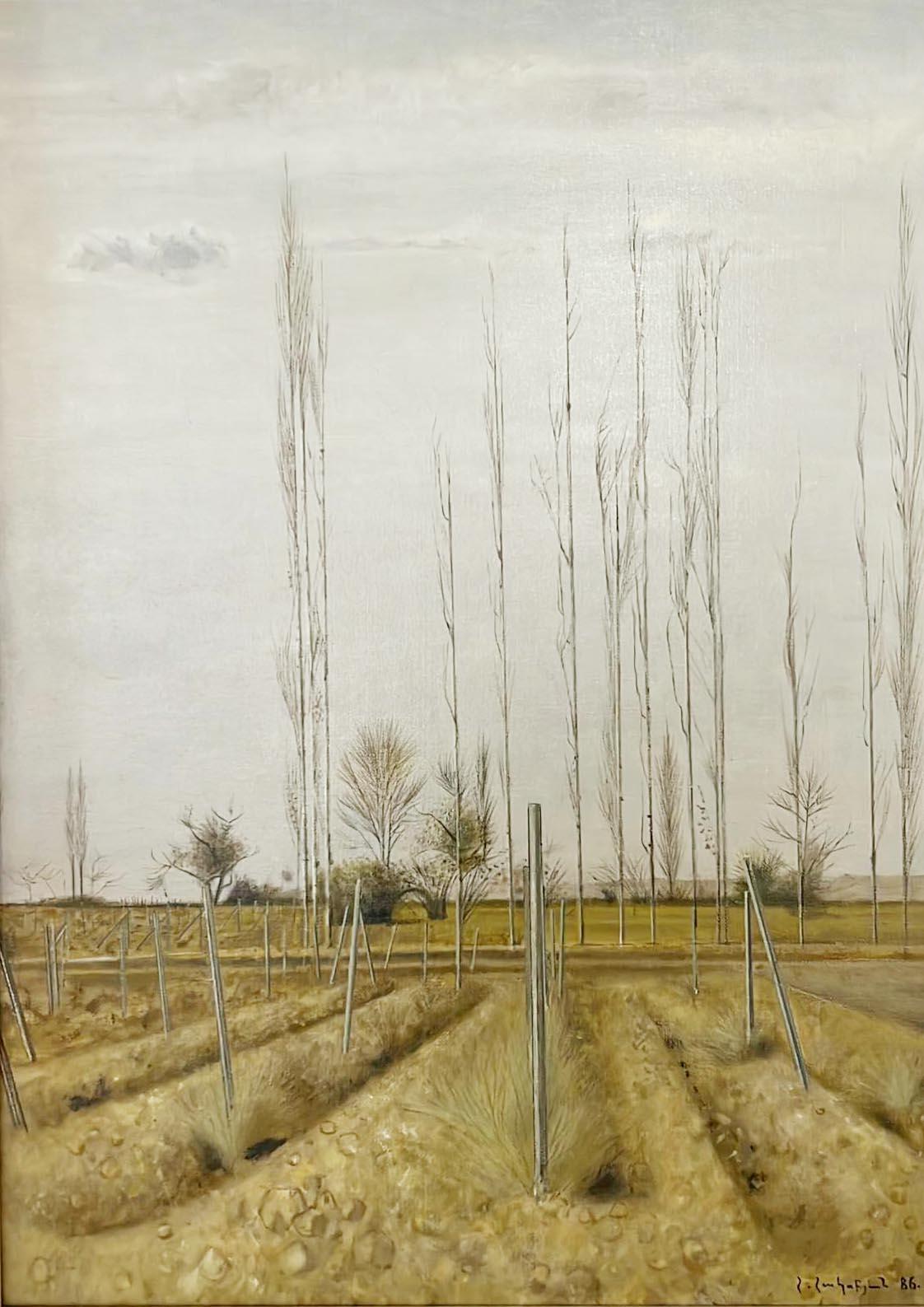 Le paysage de Hagop Hagopian de 1986, exécuté à l'huile sur toile, est un exemple de sa composition typique. Le tableau est signé dans le coin inférieur droit, ce qui témoigne de son souci du détail et de son savoir-faire. La palette de couleurs
