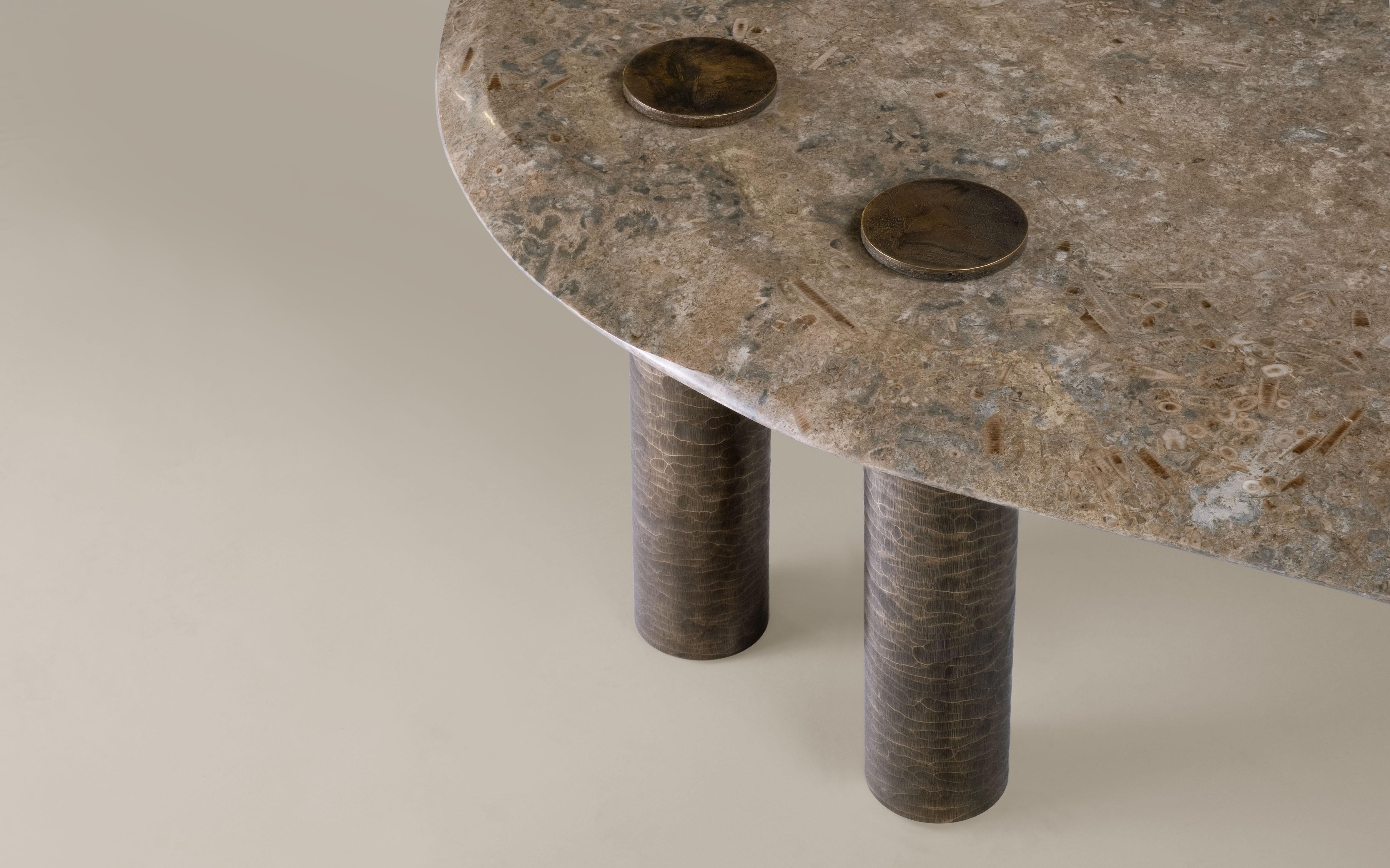 Patinated Hagstones Coffee Table — Large — Textured Brass Base — Rare British Marble Top For Sale