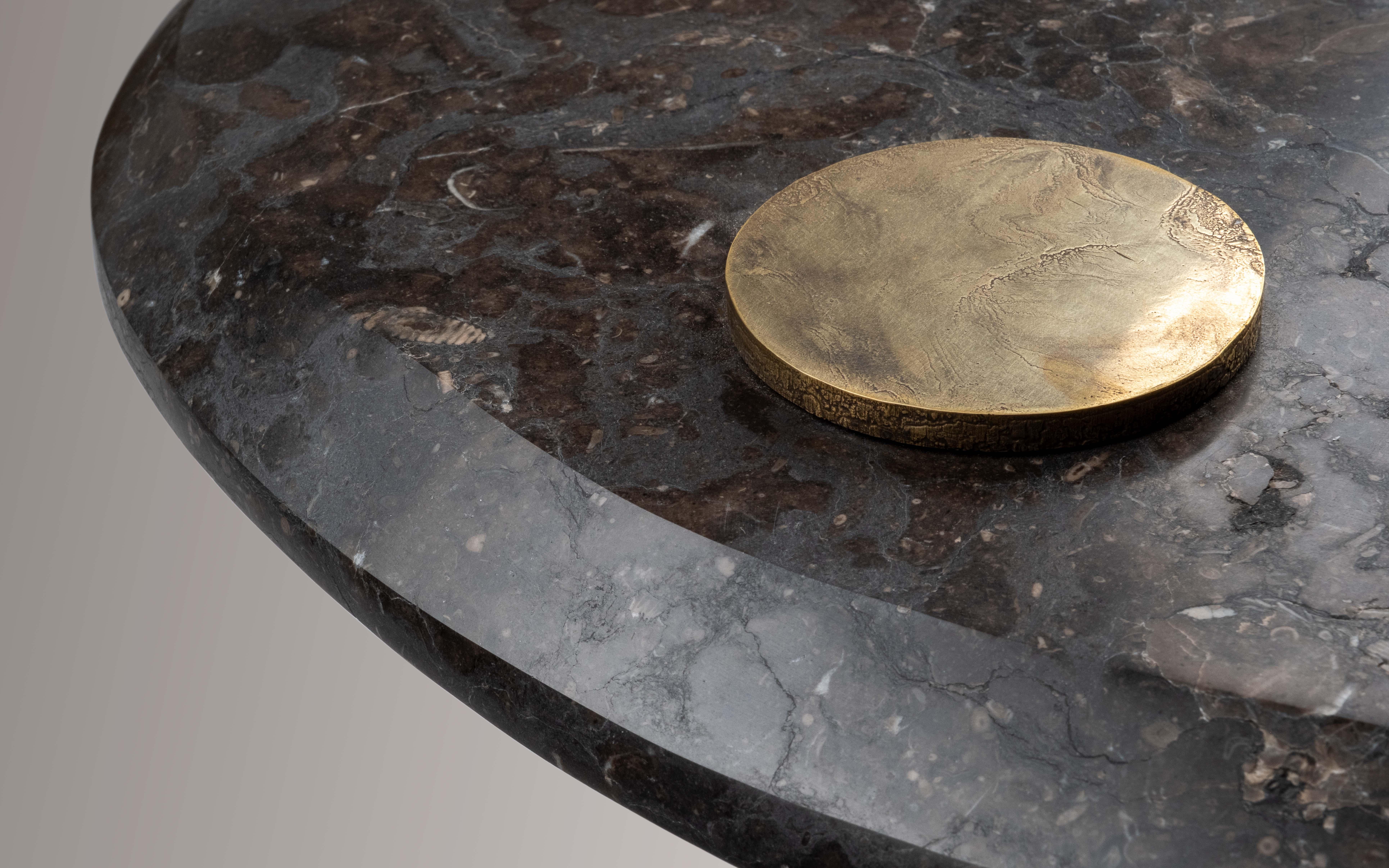 Hagstones Coffee Table — Medium — Textured Brass Base — Rare British Marble Top In New Condition For Sale In Washington, GB