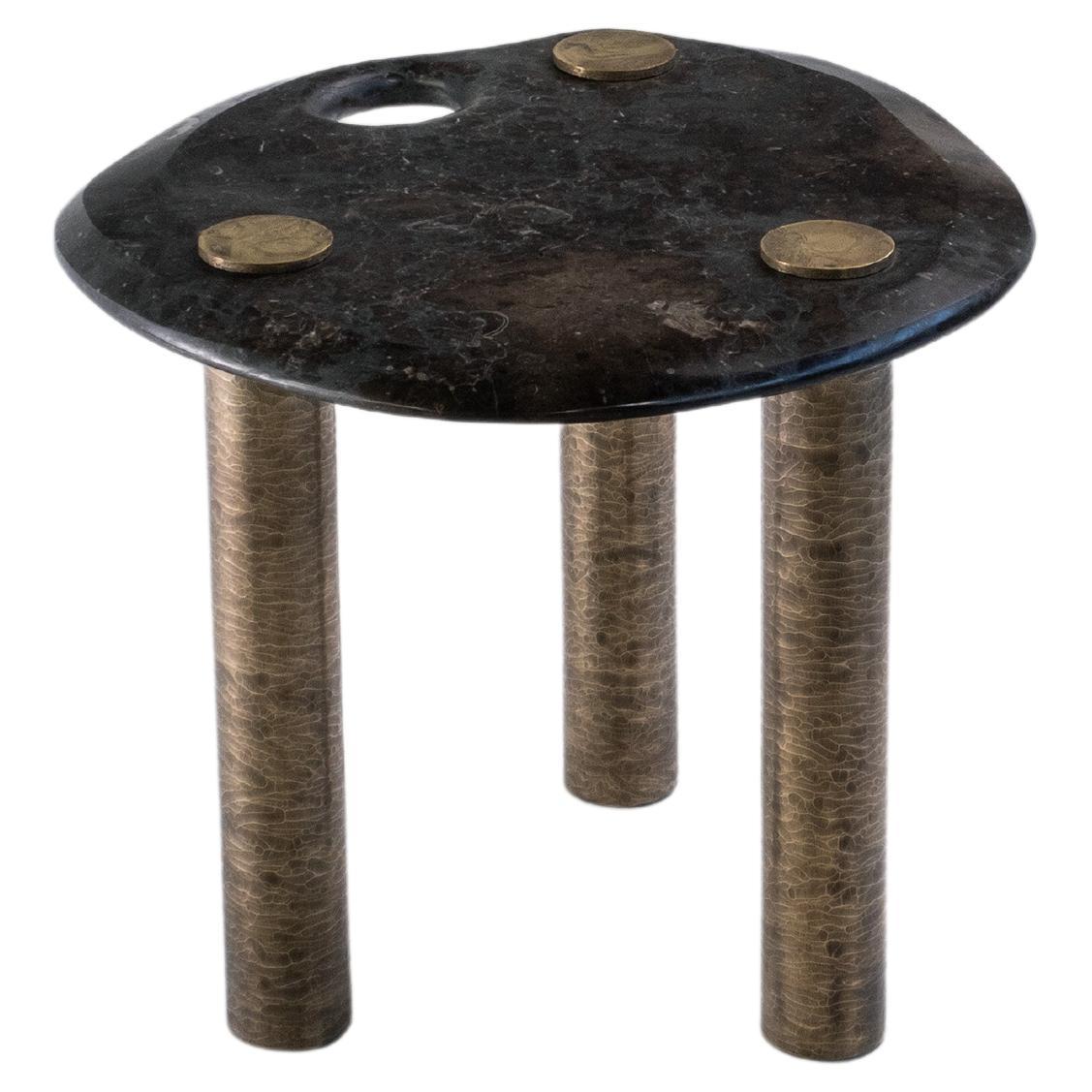 Hagstones Side Table — Medium — Textured Brass Base — Rare British Marble Top For Sale