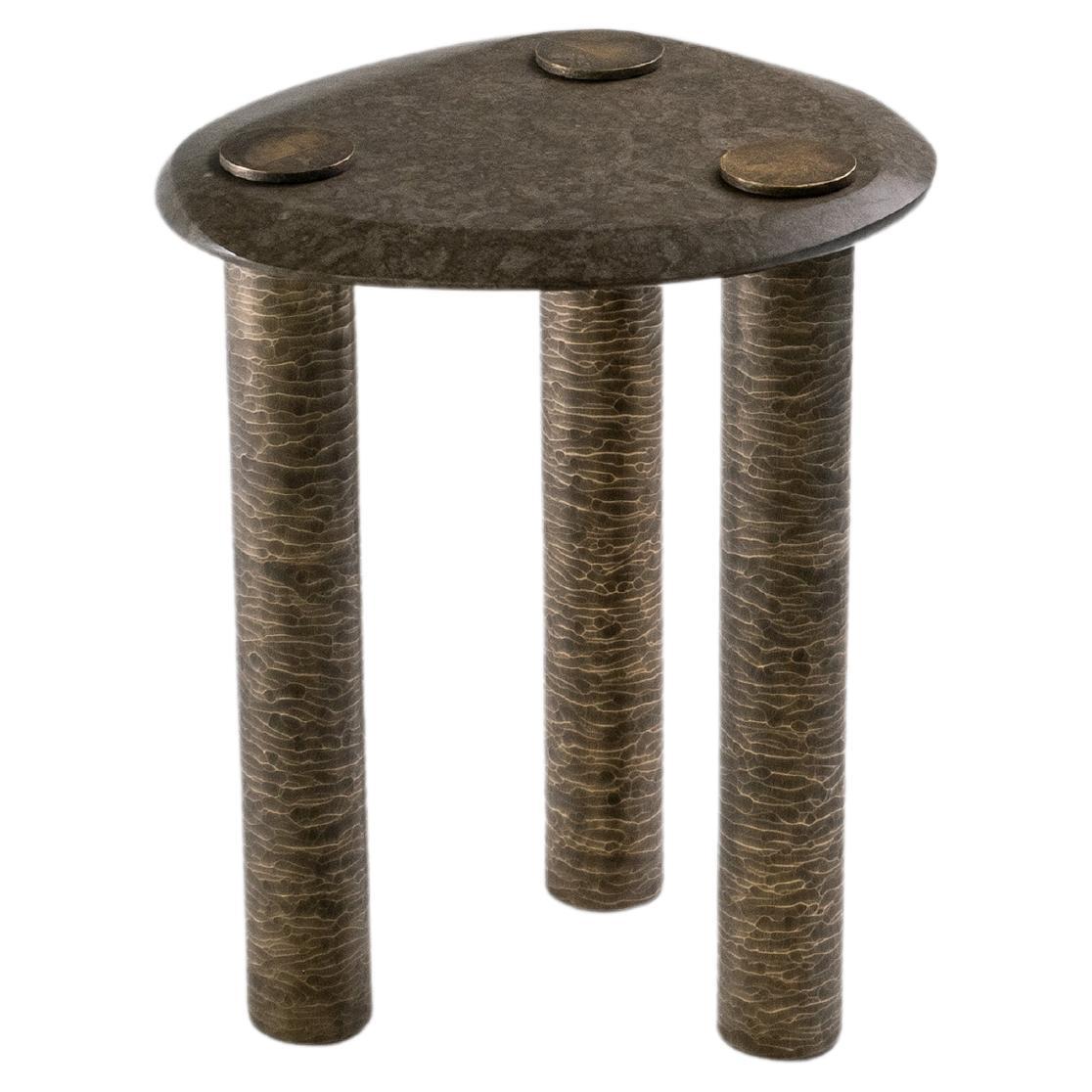 Hagstones Side Table — Small — Textured Brass Base — Rare British Marble Top For Sale