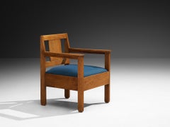 Hague School Art Deco Armchair in Solid Oak and Blue Upholstery