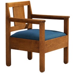 Fauteuil Art déco de l
école de La Haye en chêne massif et tapisserie bleue