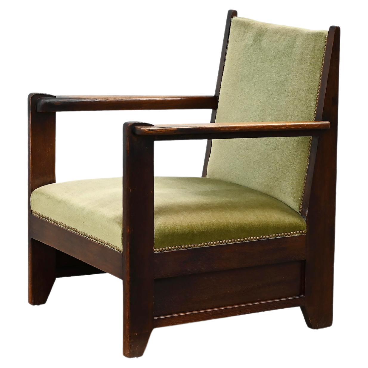 Hague School Sculptural Armchair, Stained Oak, The Netherlands, 1920s