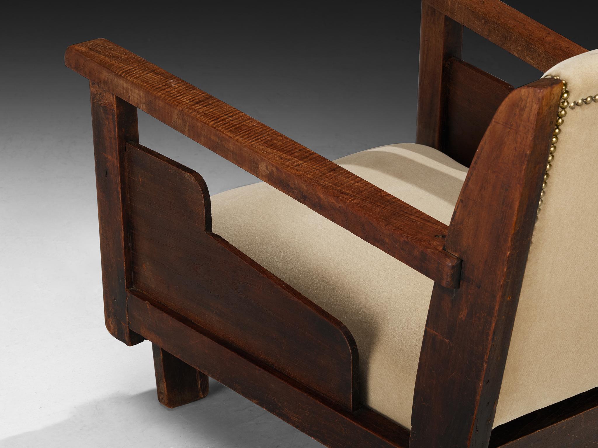 Chaise longue Art déco hollandaise de l'école de La Haye en velours beige et teck Bon état - En vente à Waalwijk, NL