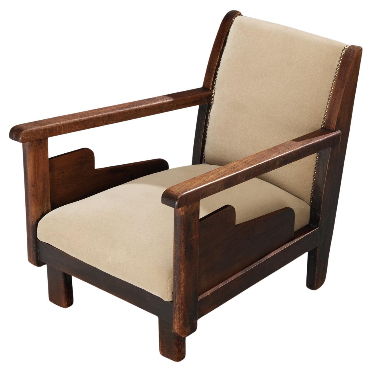 Hague School Dutch Art Deco Lounge Chair in Beige Velvet and Teak