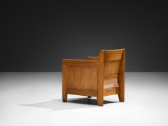 Hague School Dutch Art Deco Lounge Chair in Solid Oak and Orange Corduroy