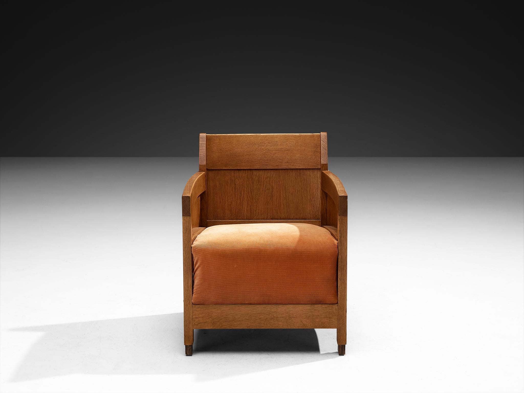 Chaise longue Art déco hollandaise de l'école de La Haye en chêne massif et velours côtelé orange en vente 3