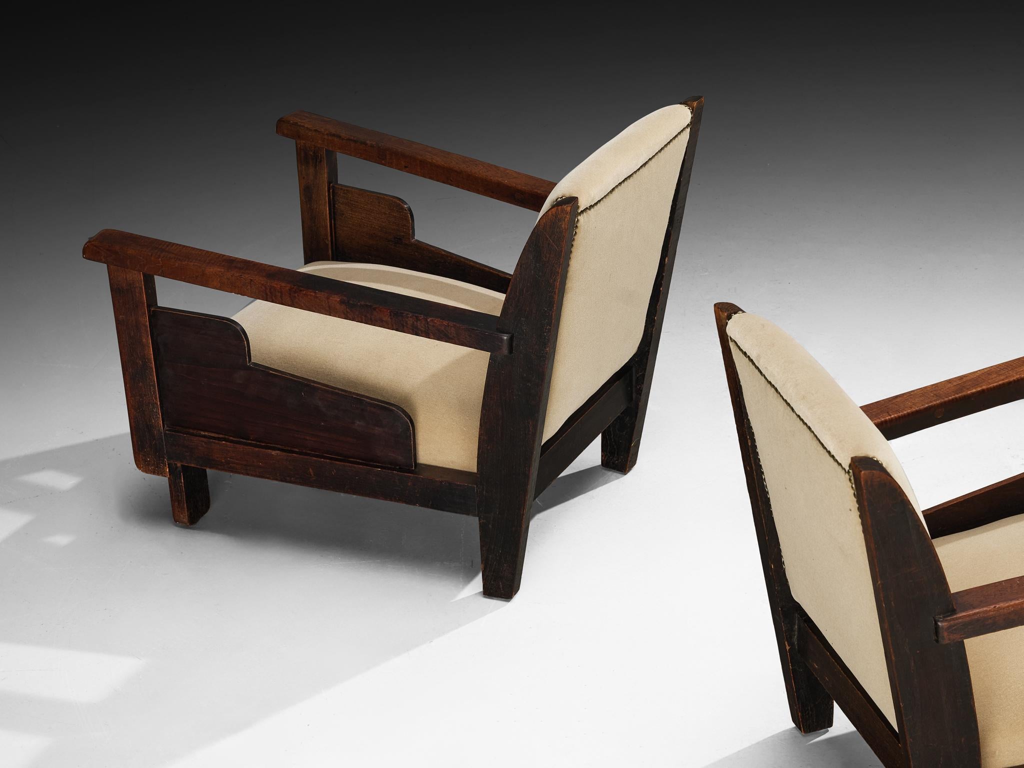 Olandese Coppia di sedie da salotto in velluto beige e teak della Scuola dell'Aia olandese Art Déco in vendita