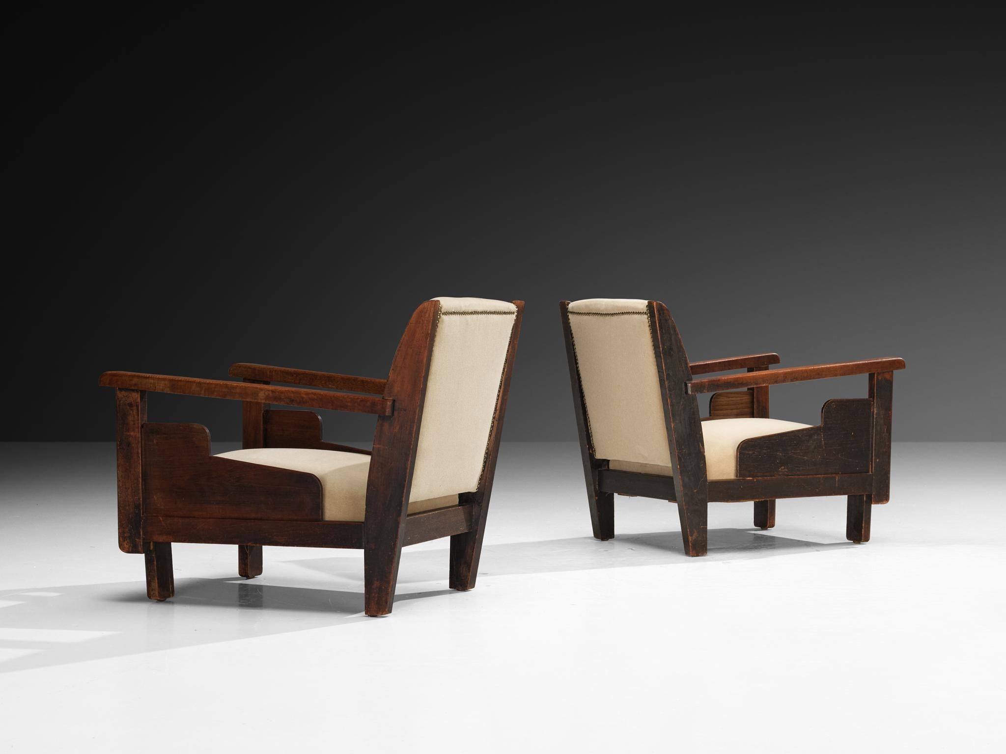 Ottone Coppia di sedie da salotto in velluto beige e teak della Scuola dell'Aia olandese Art Déco in vendita