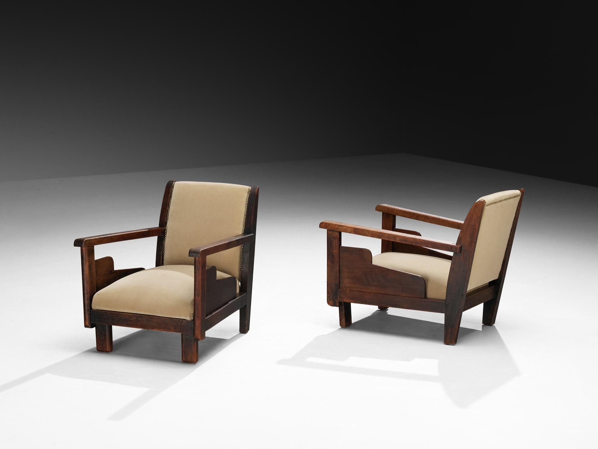 Coppia di sedie da salotto in velluto beige e teak della Scuola dell'Aia olandese Art Déco in vendita 3