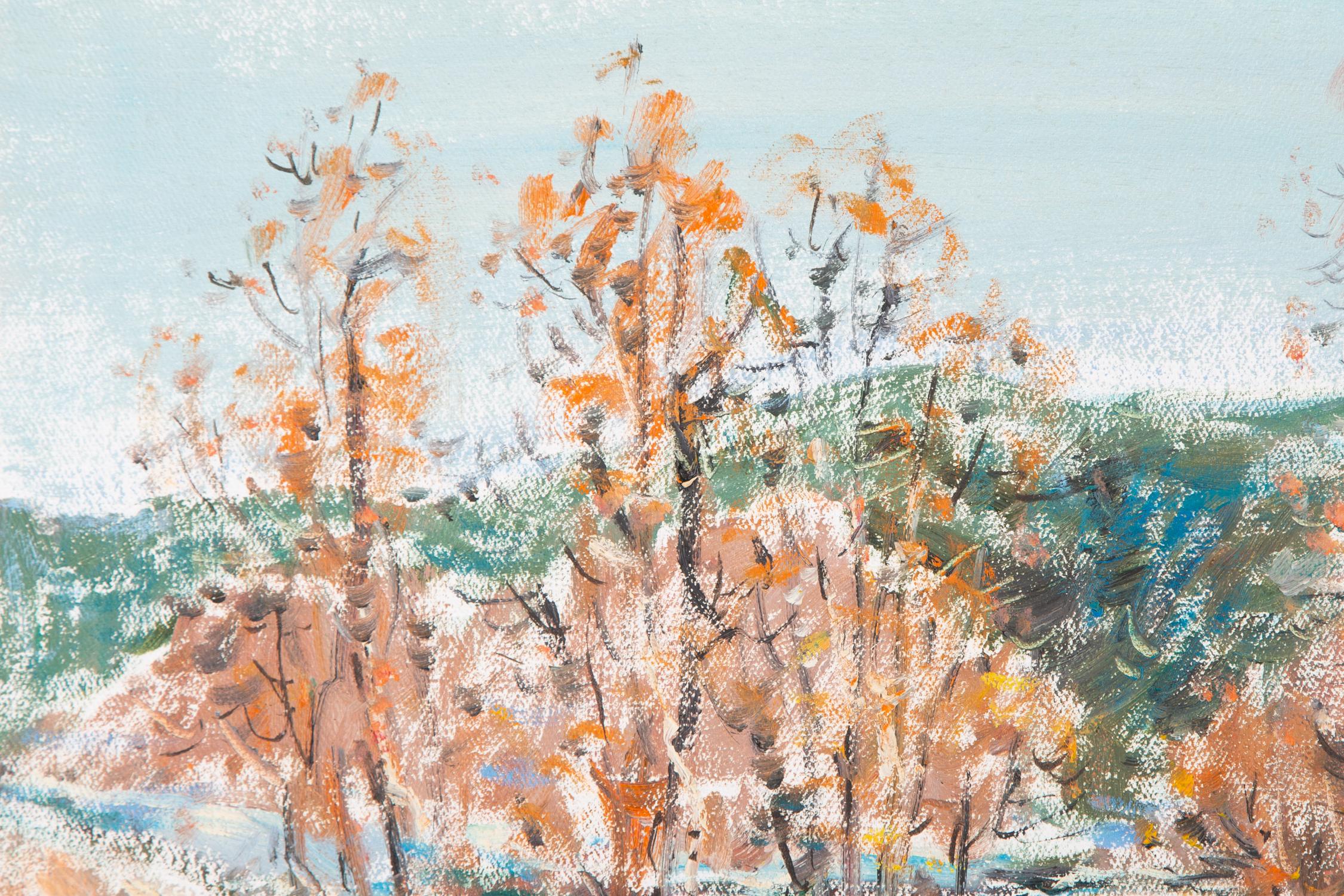 Birch Trees on the Roadside in Winter - Painting by Haibao Chen